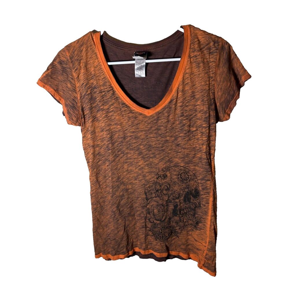 Harley Davidson T-Shirt Women's XS Orange V-Neck Short Sleeve Burnout Top